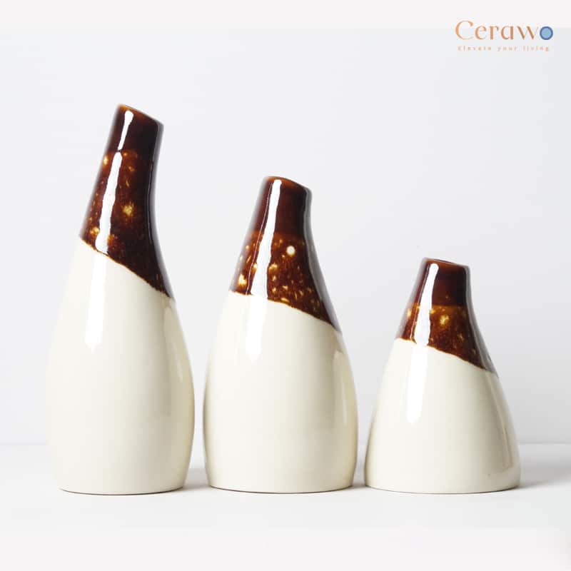 Hand Dipped Brown Top Abstract Ceramic Vase Set of 3 » Cerawo